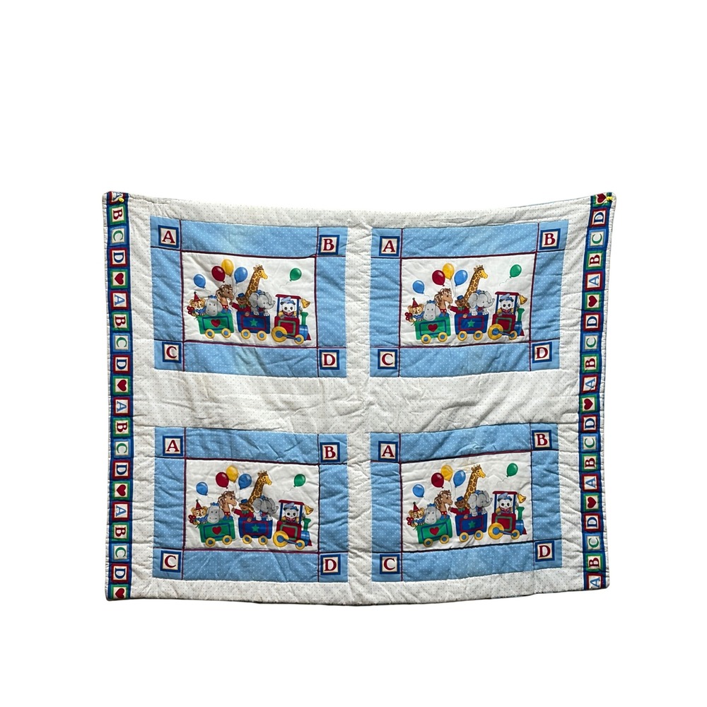 Vintage Animal Circus Train ABC Quilted Baby Blanket Blue Reversible Nursery